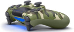 Wireless PS4 Green Camouflage Controller compatible with Android, iOS, and PC via Bluetooth, showing buttons and design