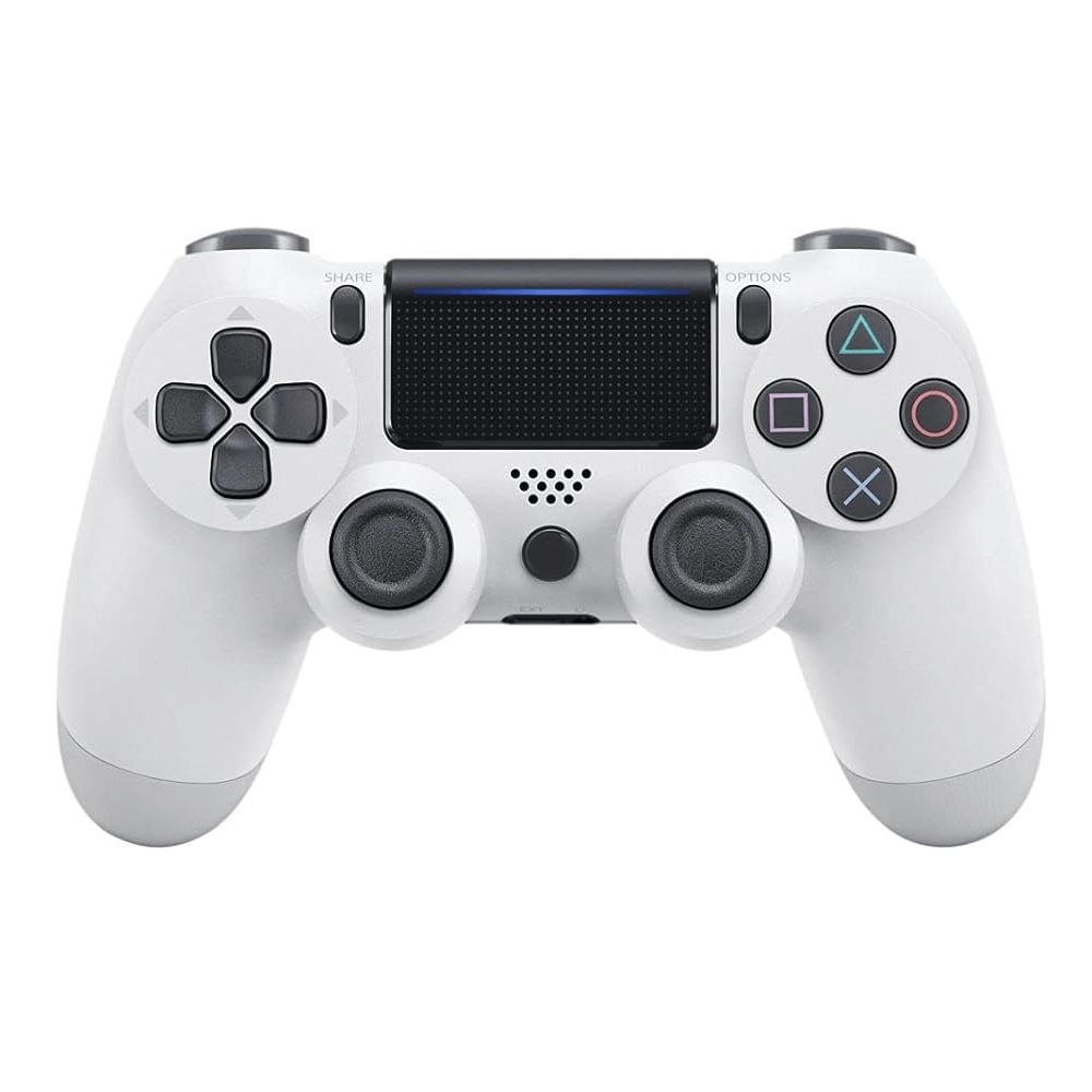 Wireless white PS4 controller compatible with Android, iOS, and PC via Bluetooth connection.