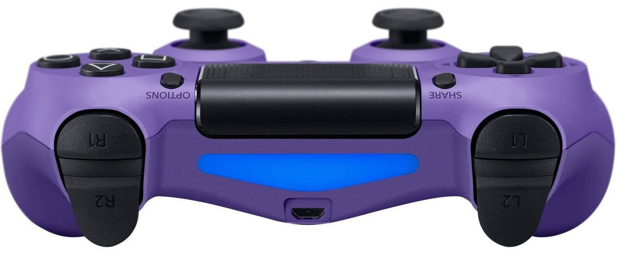 Wireless PS4 controller in purple showing front buttons and touchpad, compatible with Android, iOS, PC via Bluetooth.
