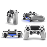 Silver PS4 wireless joystick compatible with Android, iOS, PC, featuring Bluetooth connectivity and USB-MicroUSB cable.