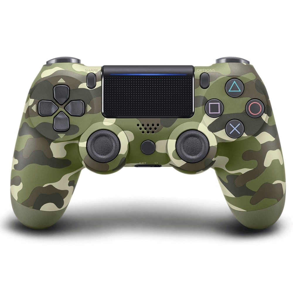 Wireless PS4 joystick in green camouflage design, compatible with Android, iOS, PC via Bluetooth, includes USB-MicroUSB cable.