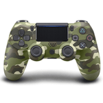 Wireless PS4 joystick in green camouflage design, compatible with Android, iOS, PC via Bluetooth, includes USB-MicroUSB cable.