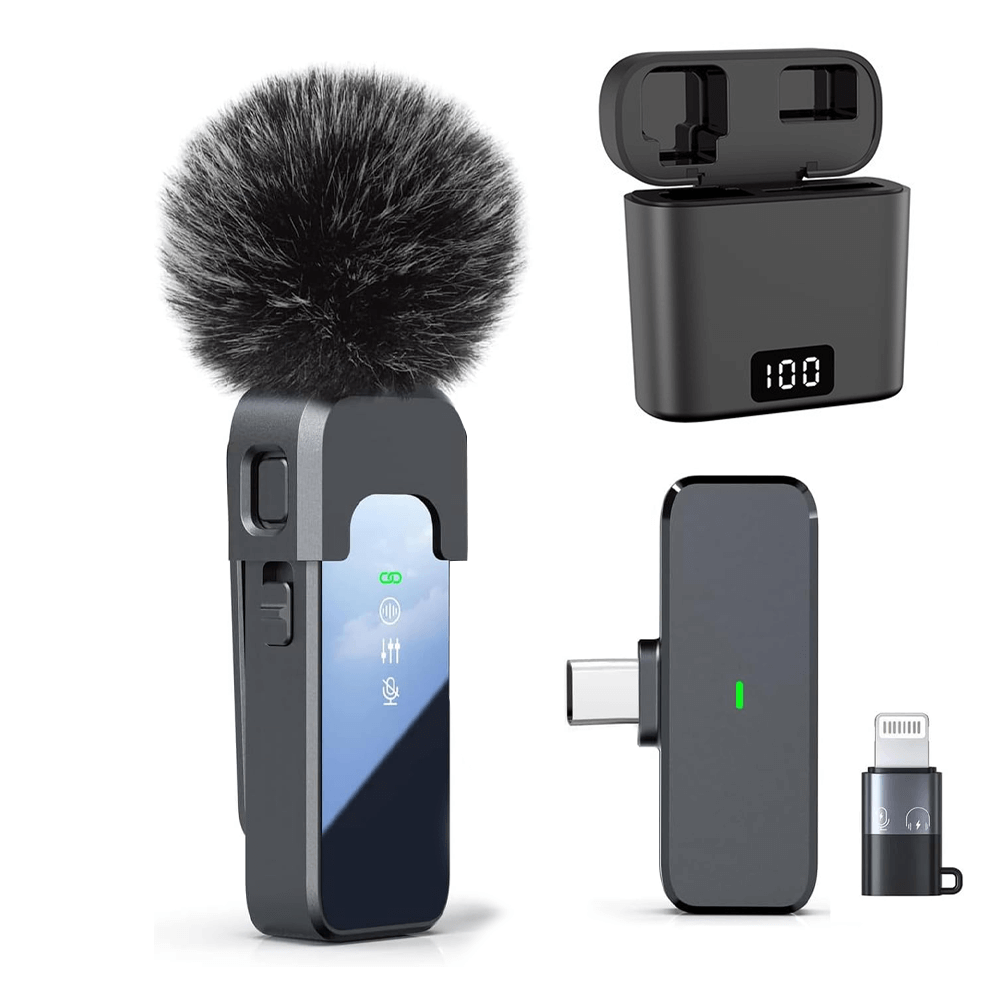 Wireless lapel microphone for Android and iPhone with Type-C and Lightning connectors, charging case, and active noise cancellation.