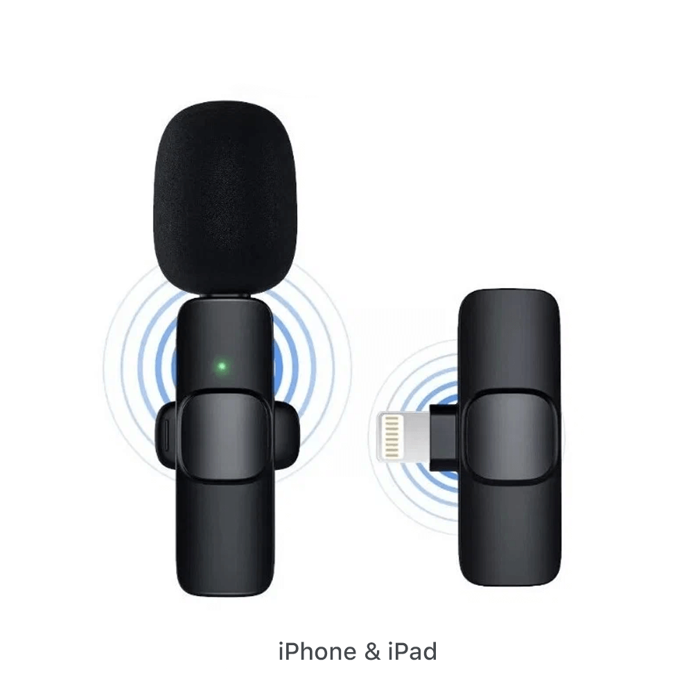 Wireless lapel microphone set for iOS, including two mics with Apple Lightning connection, ideal for professional recording up to 15m.