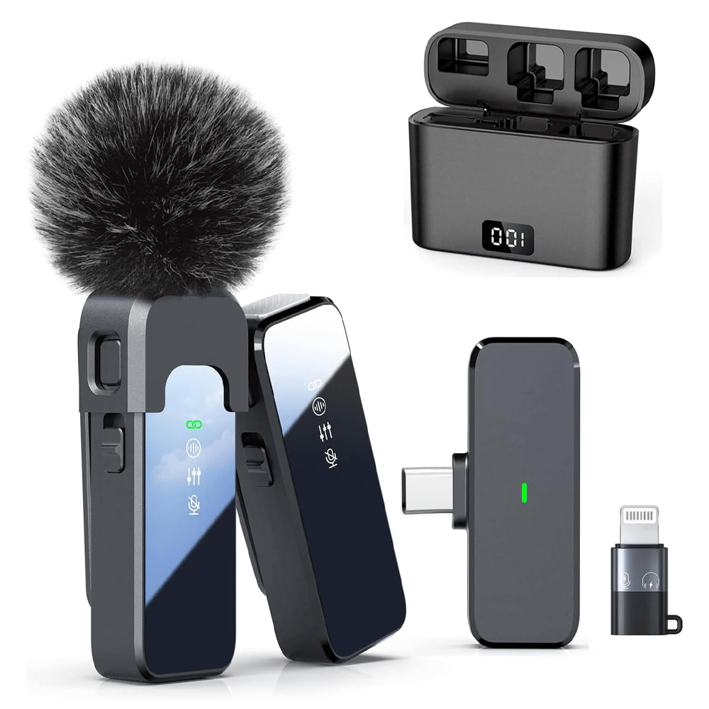 უსადენო პეტლიჩკა მიკროფონი Android/iPhone 2ც, Type-C & Lightning, აქტიური ხმის იზოლაცია, 9/33 სთ ავტონომიურობა, 2.4GHz