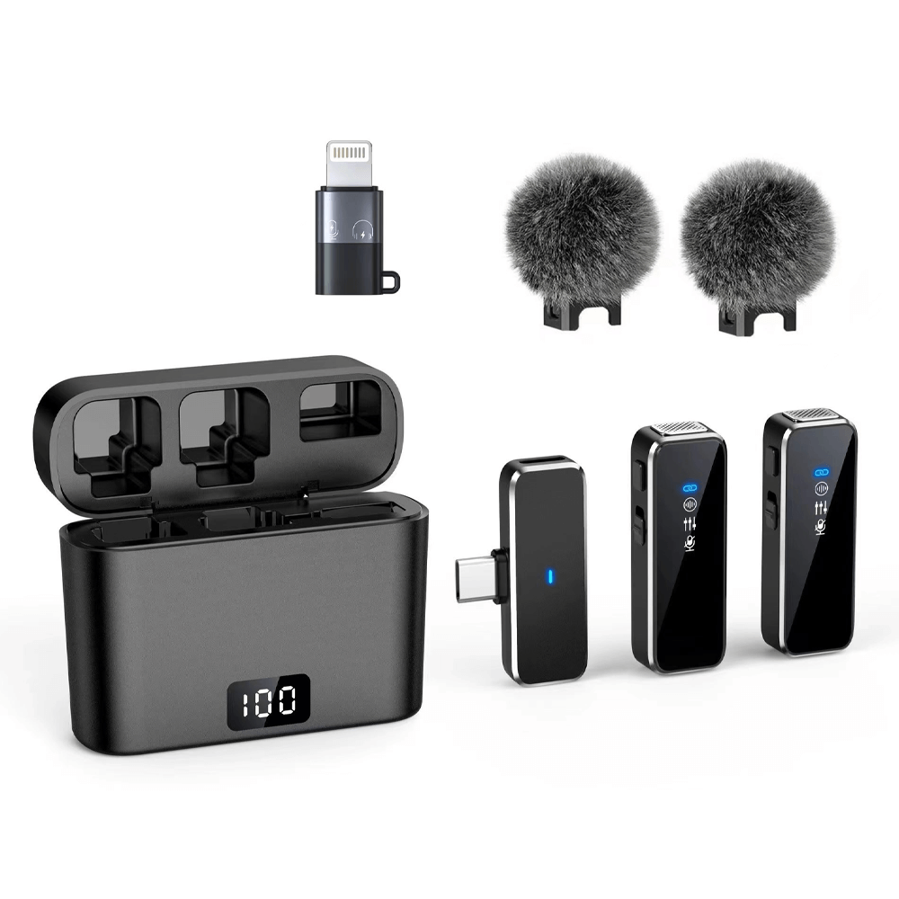 Wireless lavalier microphone set with charging case, compatible with Android and iPhone, includes two mics, windshields, and adapters.