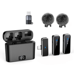 Wireless lavalier microphone set with charging case, compatible with Android and iPhone, includes two mics, windshields, and adapters.