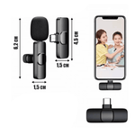 Wireless lavalier microphone K8 with Type-C interface shown with compatible smartphone.