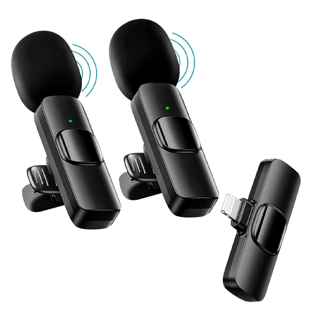 Wireless "Petlichka" microphone set for iOS, Lightning K9, includes two mics, one transmitter, ideal for professional recording.