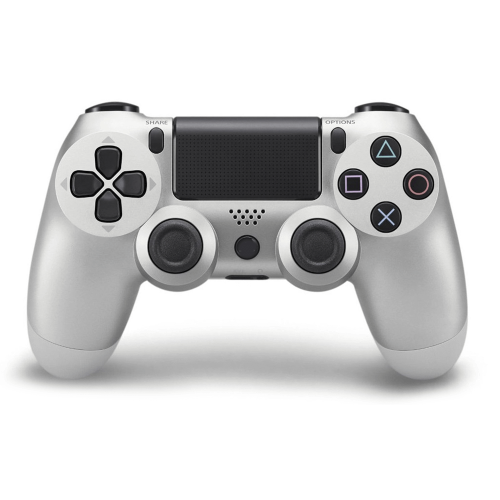 Wireless PS4 Silver joystick compatible with Android, iOS, and PC; includes USB-MicroUSB cable; Bluetooth connectivity.