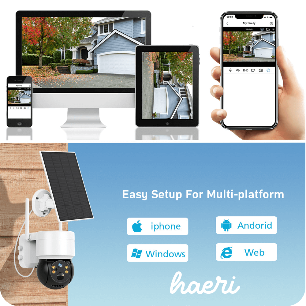 Wi-Fi security camera with solar panel, multi-platform setup for iPhone, Android, Windows, and web, shown on various devices.