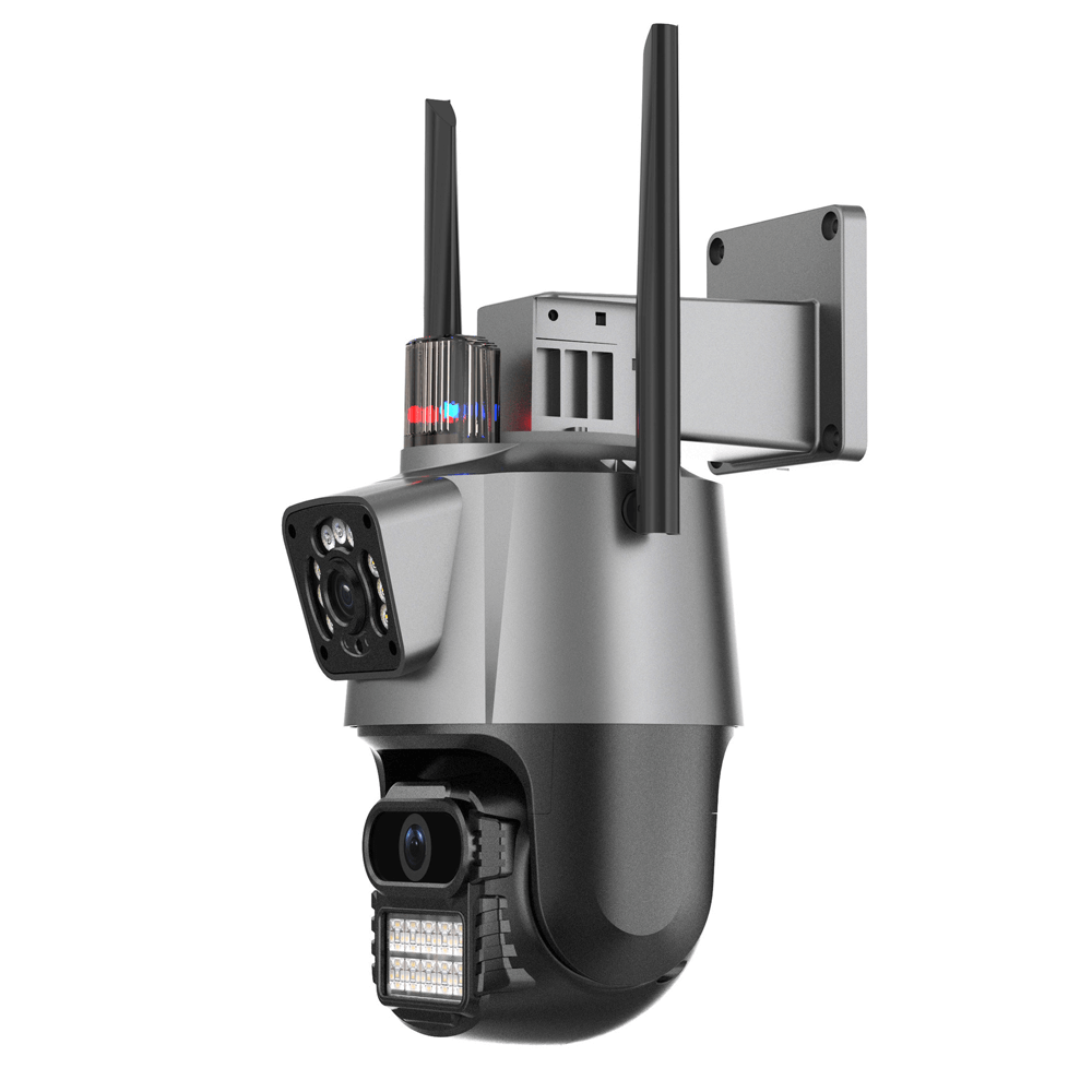 Wi-Fi surveillance dual camera with 3MP resolution, night vision, and IP66 waterproof design.
