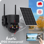 Wi-Fi security camera with solar panel, 4MP resolution, 355° view angle, IP66 waterproof, compatible with Android/iOS, night vision.