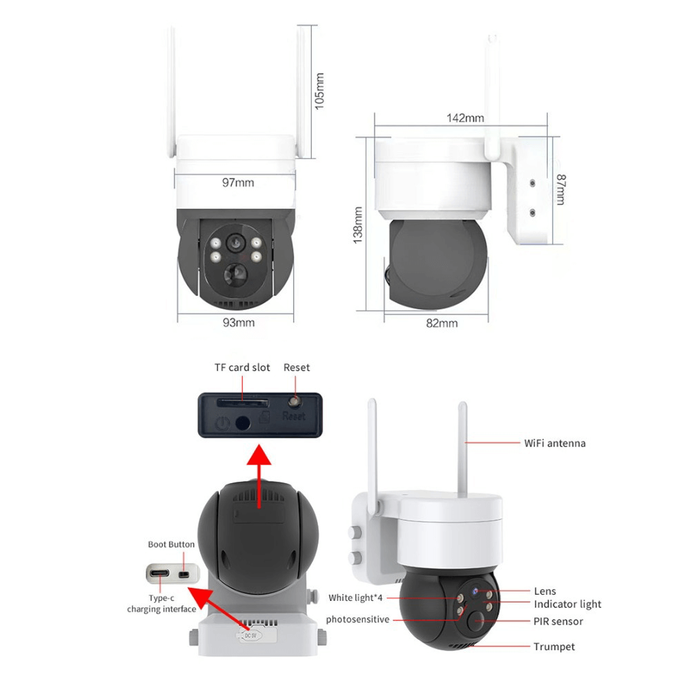 Wi-Fi surveillance camera with solar panel, 4MP, IP66 waterproof, 355° view, ICSEE app, featuring TF card slot and WiFi antenna.