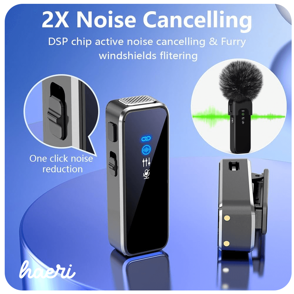 Wireless microphone with DSP chip and noise cancelling feature for Android and iPhone, showcasing clip-on design and furry windshield.