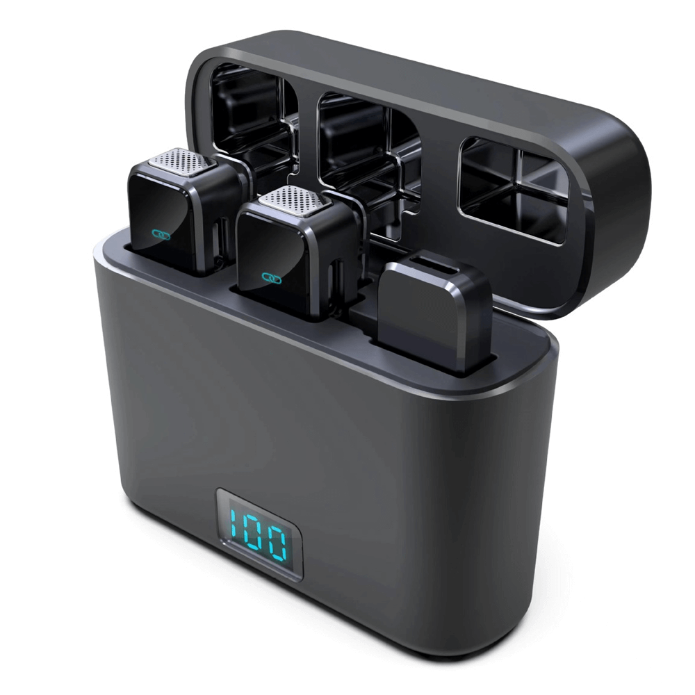 Wireless lavalier microphone set with charging case for Android and iPhone. Includes dual Type-C/Lightning interface, active noise isolation.