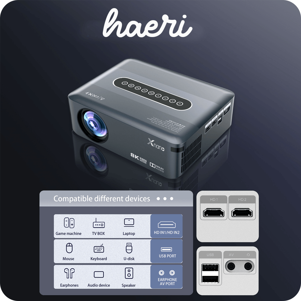 Xnano X1 projector with HDMI, USB, and AV ports; supports 4K and 8K resolutions, compatible with laptops, game machines, and more.